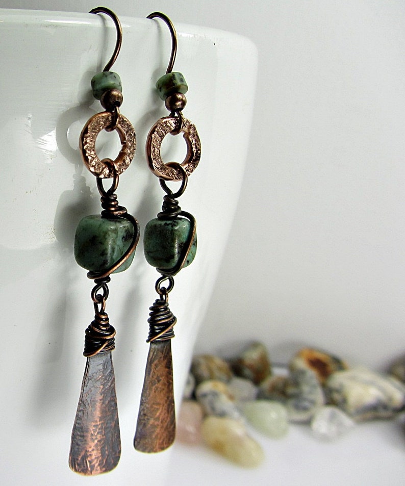 Long Copper Turquoise Earrings Handmade Copper Jewelry Etsy