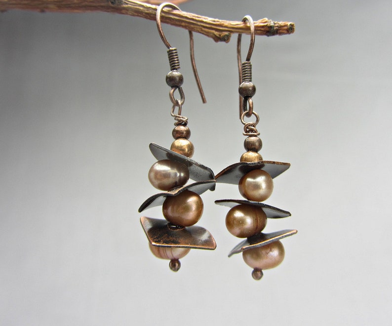 Copper Anniversary Gift for Women Pearl Copper Handmade Earrings Copper Jewelry Handmade