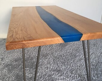 Handmade Olive Ash River Coffee Table: Blue Sapphire Resin, Hairpin Legs