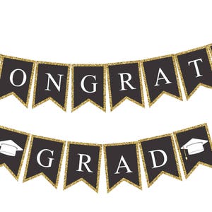 DRUCKBARE GRADUATION Congrats Grad BANNER, Schwarz und Gold Glitzer, Sofortiger Download, Bearbeitbar auf Adobe Reader