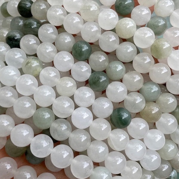 Natural  Icy Green Jade smooth Round loose gemstone ,6-10mm，15 inches.