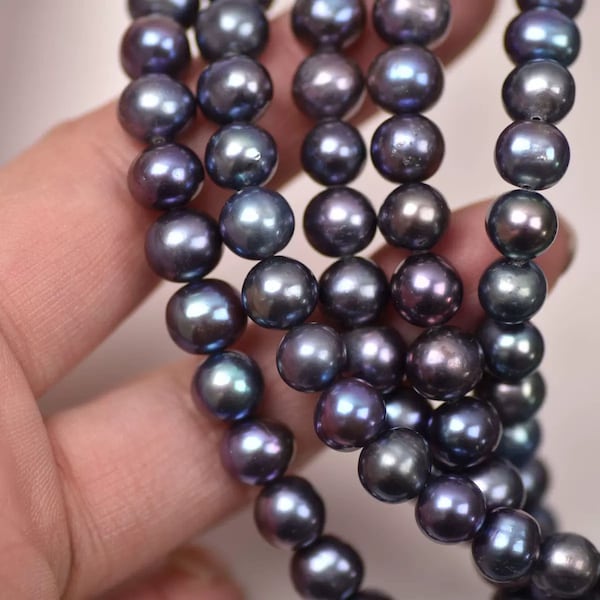 Perles d'eau douce de 9 mm, presque rondes, perles en vrac, perles de perle noir paon en gros, fil complet de 15 pouces