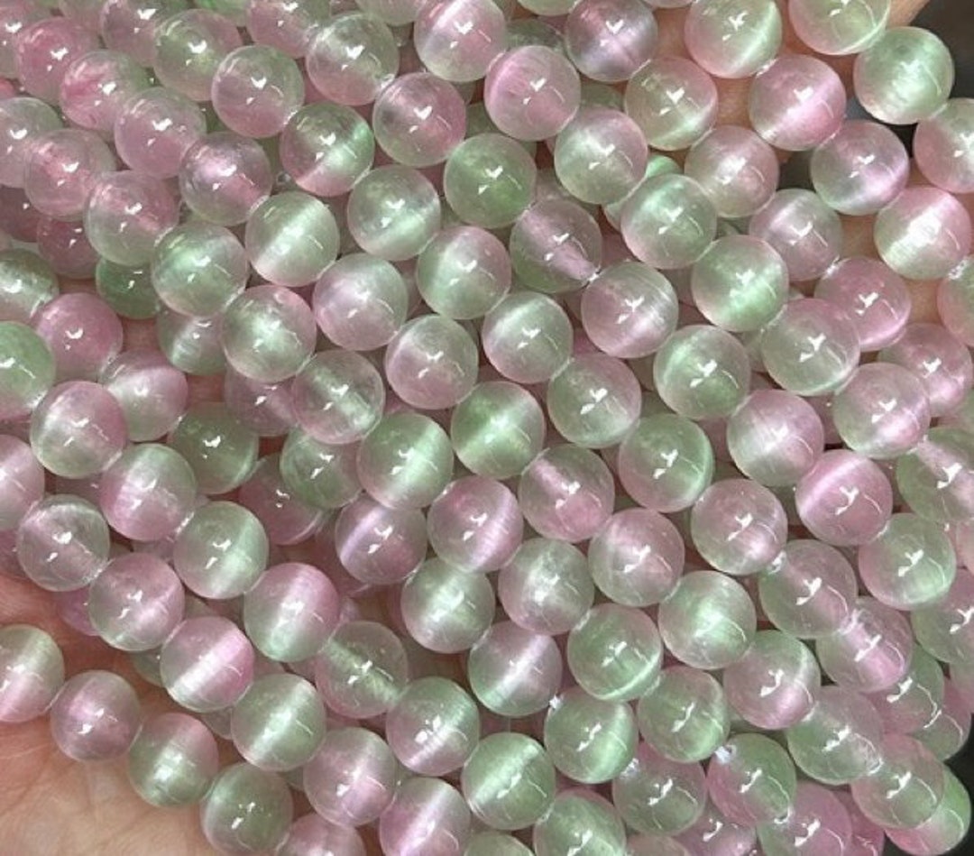 Natural Selenite Watermelon Cats Eye Beads, Selenite Smooth Round Beads