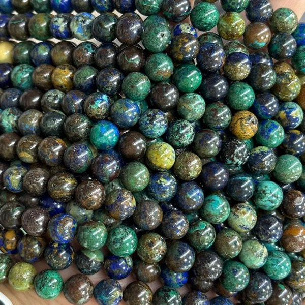 Perline di crisocolla di malachite azzurrite naturale genuina, perline rotonde di crisocolla di alta qualità da 6-10 mm, filo completo da 15 pollici.
