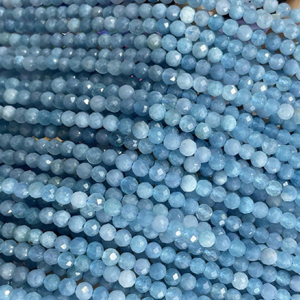 Natural Aquamarine Faceted 4mm Round Beads ,Micro Faceted Beads,15 inches,per strands