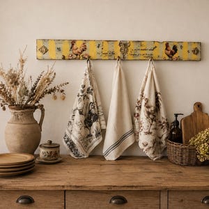 May include: A long, rectangular wooden wall rack with yellow and white stripes, featuring rooster illustrations and metal hooks. Three cream-coloured kitchen towels with rooster and floral prints hang from the hooks. The rack is mounted above a wooden surface.