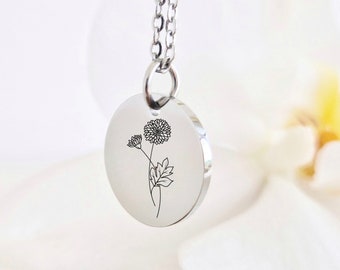 Birth flower necklace, Flower necklace, gift for friend, Necklace by birth flower, Birth flower necklace + CUSTOM BACK engraving option