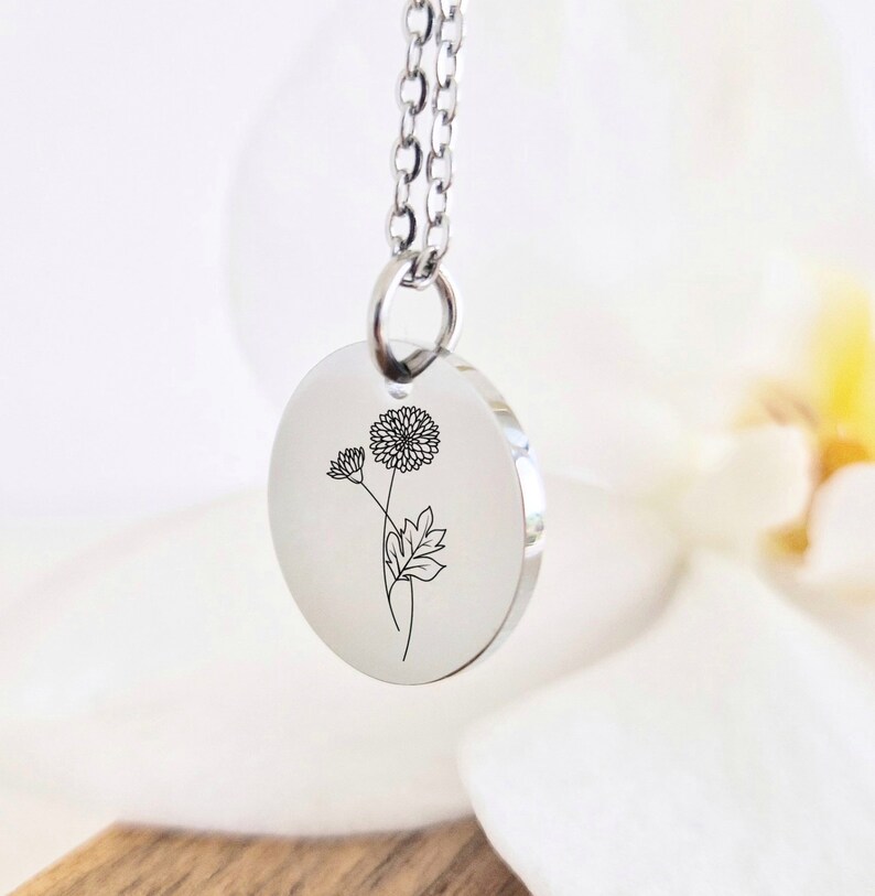 Birth flower necklace, Flower necklace, gift for friend, Necklace by birth flower, Birth flower necklace CUSTOM BACK engraving option image 1