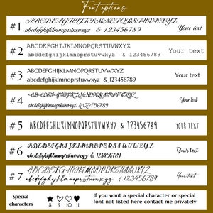 May include: Font options graphic with seven font styles, each displaying uppercase and lowercase alphabets, numbers, and the ampersand symbol. The image also includes special characters and a note about custom fonts.
