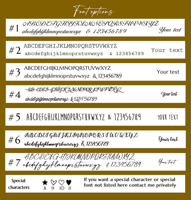 May include: Font options graphic with seven font styles, each displaying uppercase and lowercase alphabets, numbers, and the ampersand symbol. The image also includes special characters and a note about custom fonts.
