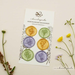Botanische Wachssiegel | 6er Set selbstklebend | Handgemachte Siegel mit Blumenmotiven in Flieder, Grün & Gold | Geschenk für Brieffreunde