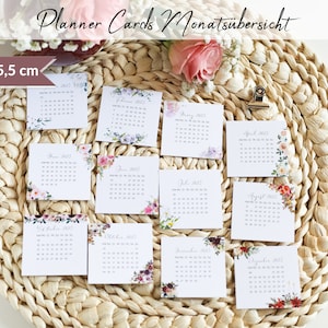 Quadratische Kalenderkarten Monatsübersicht Blumen für Filofax Ringbuch 2024 2025