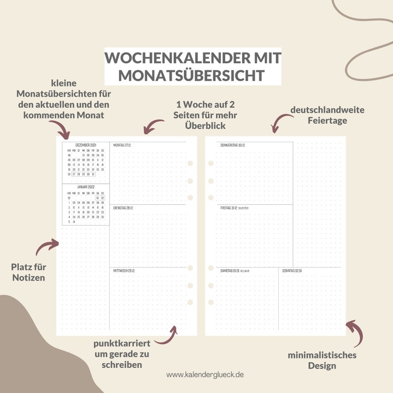 Kalendereinlagen A5 oder Personal 1 Woche 2 Seiten punktkariert 2024 2025 für Filofax Bild 2