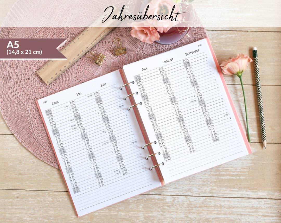 Kalendereinlagen A5 oder Personal Jahresübersicht für Ringbuchplaner Filofax 2024 2025 Etsy.de