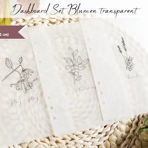 Peut inclure: Trois feuilles de papier transparentes avec des dessins au trait noir de fleurs. Les feuilles sont étiquetées "Ylang Ylang", "Myrtilles" et "Lavande". Les feuilles sont de format A5 (14,8 x 21 cm).