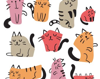 May include: A set of nine colorful cartoon cats with different poses and expressions. The cats are drawn in a simple, whimsical style and are perfect for adding a touch of fun to any project.