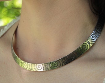 Spiral Choker, Etched and Silver Plated Brass, One-off Choker, Spiral Galaxy Sacred Geometry Necklace Celtique Spiral Silver Wedding Choker,