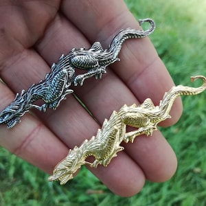Könnte beinhalten: Zwei Metall-Drachenbroschen, eine silberne und eine goldene, werden in einer Hand gezeigt. Die Broschen sind detailliert und haben einen eingerollten Schwanz.