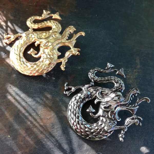 Broche de dragón chino en plata o latón dorado, alfiler de dragón asiático, dragón de fantasía Art Nouveau, dragón de oro de boda