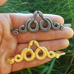 Serpents Safety Pin, Silver plated or Gilded Brass, Snakes Brooch, Art Nouveau Snake Accessory, Viper Gold Brooch, Interlaced Silver Snakes