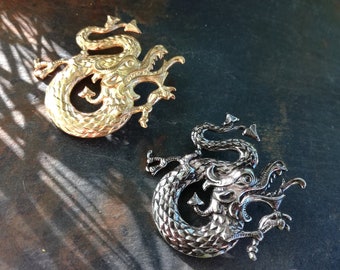 Chinese Dragon Brooch, Silver-plated or Gilded Brass, Asian Dragon Brooch, Chinese New Year, Asian Golden Dragon Wedding Brooch Lapel Pin