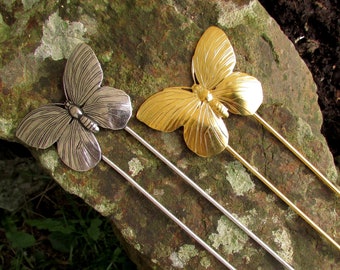 Hairpin Butterfly, Silver Plated or Gilded Brass, Wedding Accessory, Hair Style Accessory, Romantic Hairpin, Elfish Hairpin, Fairy Hairpin