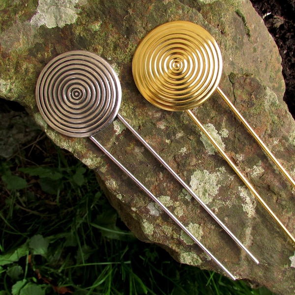 Hairpin Spiral, Silver Plated or Gilded Brass, Wedding Accessory, Hair Style Accessory, Geometric Circle Hairpin