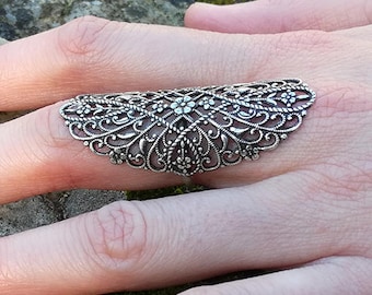 Statement Hairnet Ring, Filigree Lace Medieval or Steampunk Ring with  Sterling Silver ring and Brass stamping
