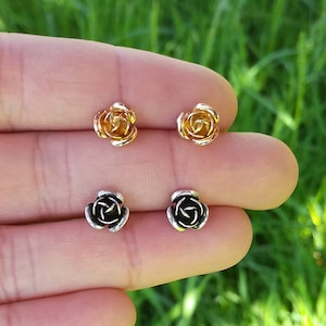 Tiny Rose Studs Silver-plated or Gilded brass with Sterling Silver Shafts, Bohemian Flower Earrings, Wedding Accessory