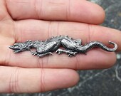Medieval Dragon Pin 39 s Brooch, Silver-plated Brass, Medieval Gargoyle Brooch, Accessory for Hats, Art Nouveau Dragon, Reptile Brooch