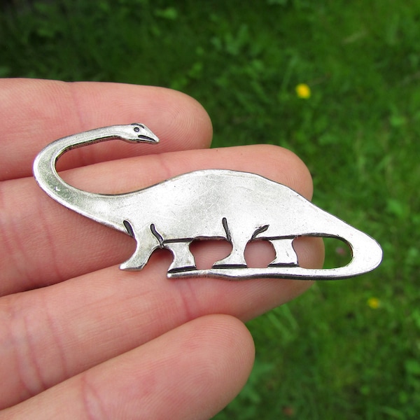 Large Dinosaur Pin Brooch, Silver Plated Brass, Diplodocus Lapel Pin, Prehistoric Animals, Dino Pin Brooch for Children