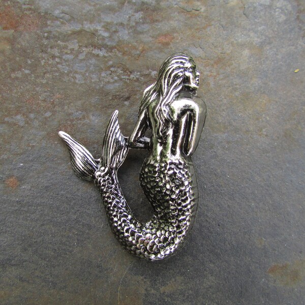 Mermaid Pin Brooch, Silver Plated Brass, Fantastic Creature, Chimera, Elegant Art Nouveau Mermaid Lapel Pin