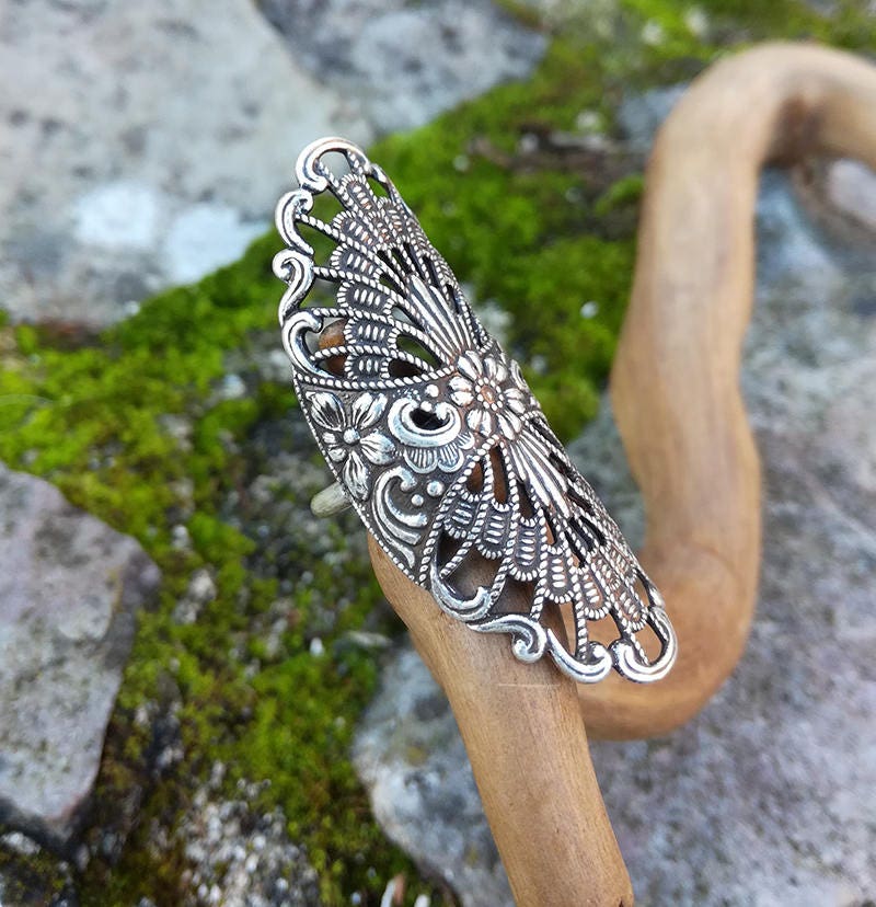 Long Art Nouveau Ring ,steampunk Filigree and Flowery Silver