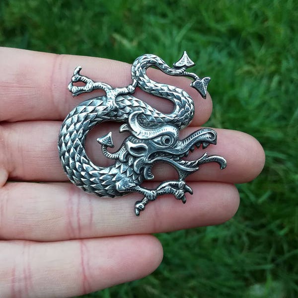 Chinese Dragon Brooch, Silver-plated or Gilded Brass, Asian Dragon Brooch, Chinese New Year, Asian Golden Dragon Wedding Brooch Lapel Pin