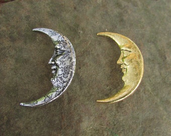 Moon Face Pin Brooch, Silver plated and etched brass, Moon symbol, Witch Moon, Lunar Face Brooch, Gift for Her