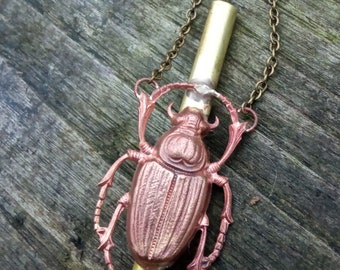 Brass Pendant, Tube and Beetle Stamping, Long Brass Chain, Art Nouveau Stamping