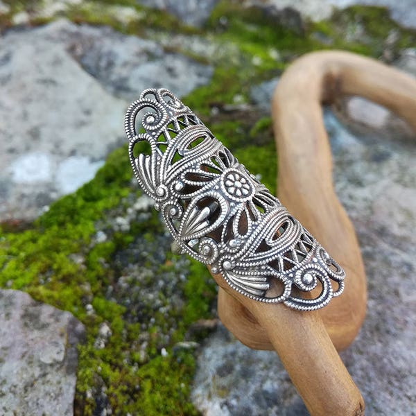 Statement Lace Filigree Ring Silver-plated Brass and Sterling Silver, Medieval Lace Boho Art Deco Art Nouveau