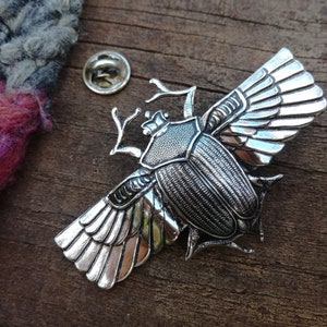 Art Nouveau Big Beetle Scarab Pin's Brooch, Silver plated Brass, Beautiful Silver Insect Brooch, Egyptian Scarab Beetle