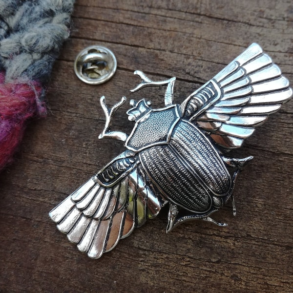Art Nouveau Big Beetle Scarab Pin's Brooch, Silver plated Brass, Beautiful Silver Insect Brooch, Egyptian Scarab Beetle