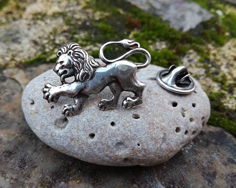 Broche Vintage Lion Signée SFJ - Métal Argenté - Occasion - Bijou Fantaisie K3