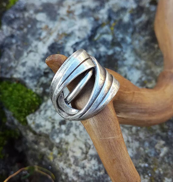 Bague Art Déco Laiton Argenté et Anneau Argent Massif, Géométrique Baroque, Bague pour Homme