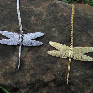 Dragonfly Pendant, silver plated or Gilded Brass, Sterling Silver Chain, Art Nouveau Dragonfly, Elegant Necklace, Golden Insect Chain