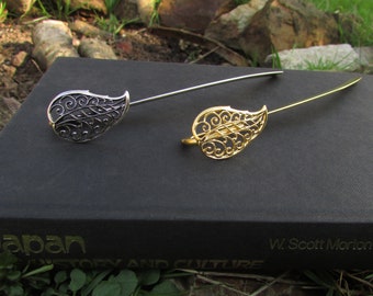 Filigree Leaf Bookmark, Silver plated or gilded Brass, Accessory for Books, Elfish leaf long bookmark, Art nouveau stamping