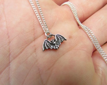 Tiny Bat Pendant, Silver Plated Brass, Sterling Silver Chain, Gothic Bat Pendant, Bat Necklace, Halloween Vampire Accessory