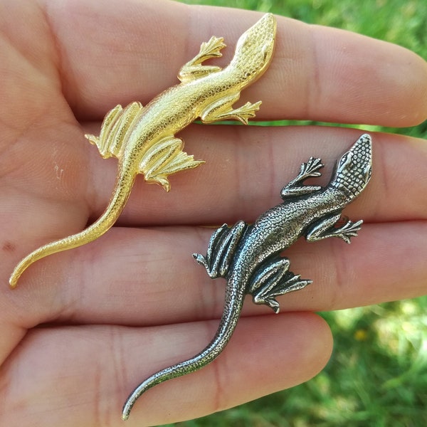 Broche Lézard en Laiton Argenté ou Doré, Pin's Reptile, Broche Lézard Art nouveau, Accessoire Salamandre, Broche Or Reptile Mariage