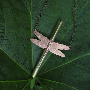 Pendant snort Brass Tube and Dragonfly stamping, Unique Brass Tube with Long Chain, Metallic Tube, insect tube accessory, Party accessory