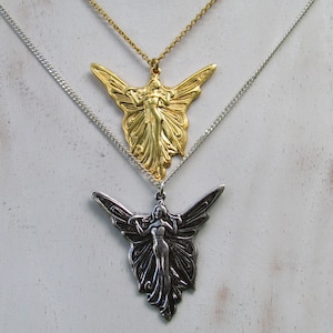 Schmetterling Frau Anhänger, Silber oder goldenes Messing, Sterling Silberkette, Art Nouveau Elf Frau, romantische Hochzeitshalskette