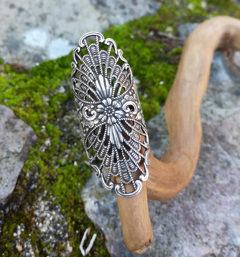 Long Art Nouveau Ring ,steampunk Filigree and Flowery Silver