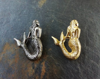 Mermaid Pin Brooch, Silver Plated Brass, Fantastic Creature, Chimera, Elegant Art Nouveau Mermaid Lapel Pin