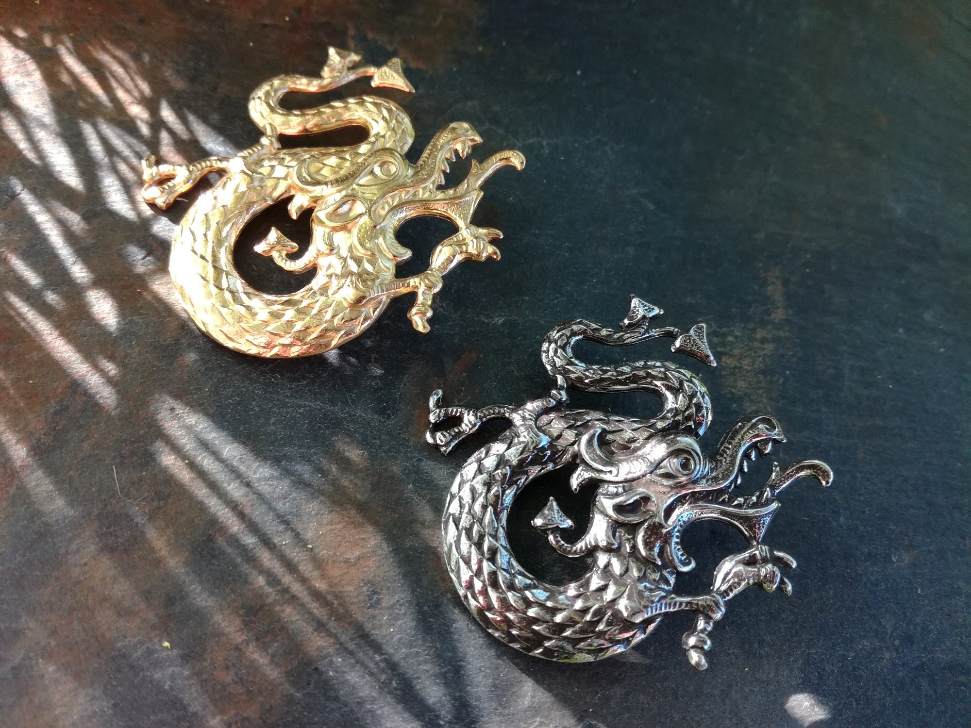 Chinese Dragon Brooch, Silver-plated or Gilded Brass, Asian Dragon